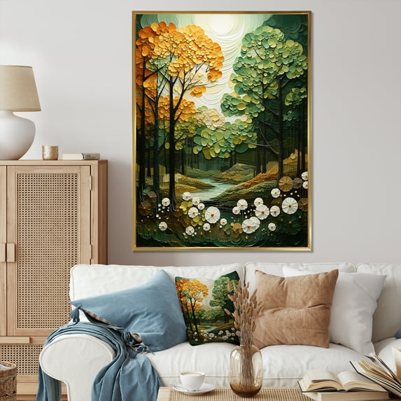 Designart "Orange Green Trees Canopy Collage V" Cottage Floater Framed Canvas Print