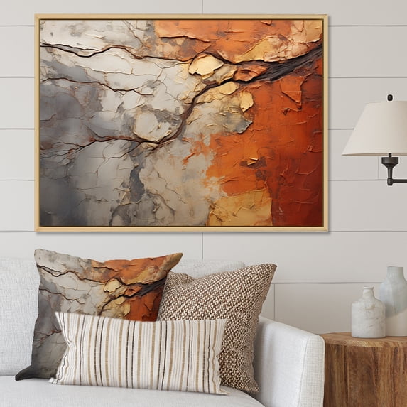 Designart "Orange Grey Abstract Redwood Tree composition" Modern Floater Framed Wall Art Living Room