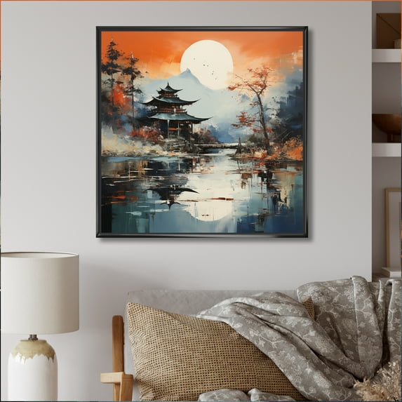 Designart "Orange Grey Asian horizon I" Abstract Landscape Floater Framed Canvas Art Print