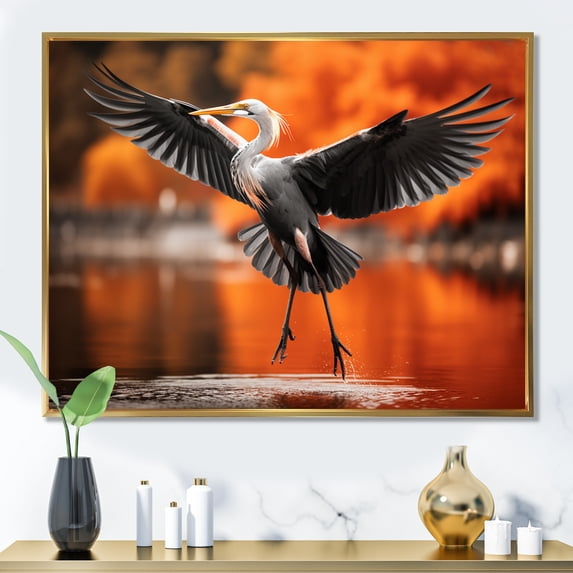 Designart "Orange Grey Heron beautyful Heron In Autumn I" Animals Floater Framed Canvas Print