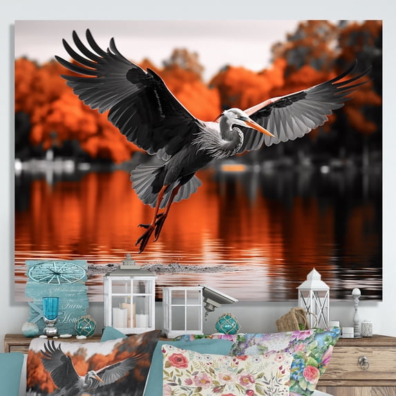 Designart "Orange Grey Heron beautyful Heron In Autumn IV" Animals Wall Decor