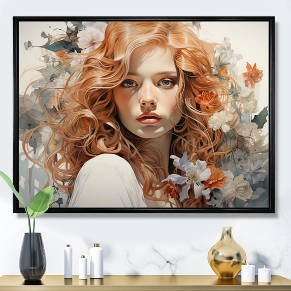 Designart "Orange Grey Line Art delicate Portraits" Modern Floater Framed Canvas Art Print