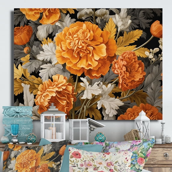 Designart "Orange Grey Marigold Brilliance Vibrant Blooms" Floral Metal Wall Art