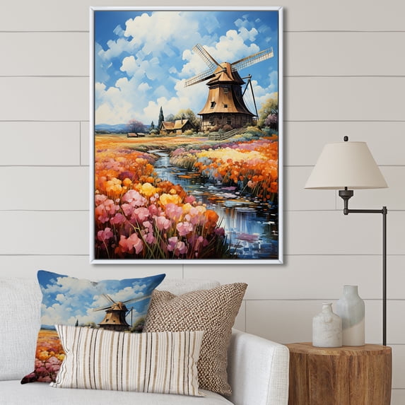 Designart "Orange Grey Netherlands Dutch Calm" Floral Floater Framed Canvas Wall Art