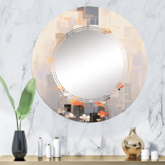 Designart "Orange Grey Pencil Strokes Bouquet Flowers Contemporary Florals" Floral Round Wall Mirror - Traditional Oval Printed Decorative Oversized Mirror - Multiple Color Options