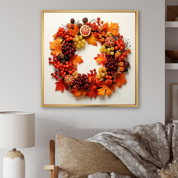 Designart "Orange Harvest Christmas Wreath in Winter" Floral Framed Wall Art - Orange Wreath Living Room Framed Canvas Art