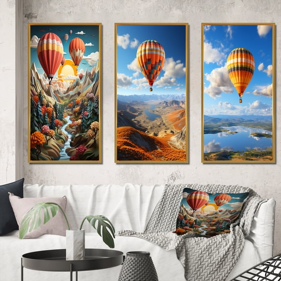 Designart "Orange Hot Air Ballon composition I" Hot Air Balloon Framed Wall Art Set Of 3 - Orange Hot Air Balloon Frame Gallery Wall Set For Home Decor