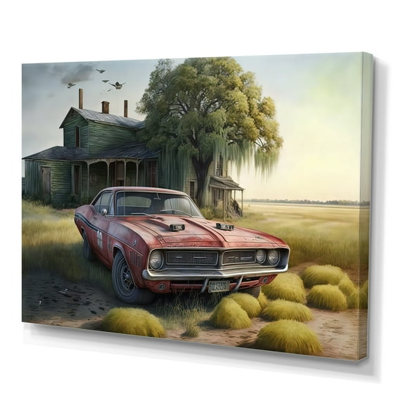 Designart Orange Muscle Car At The Barn Canvas Wall Art