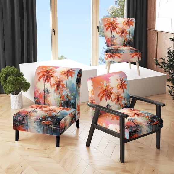 Designart "Orange Pink Palm Trees modern II" Orange Floral Upholstered Accent Chair - Traditional Arm Chair For Living Room