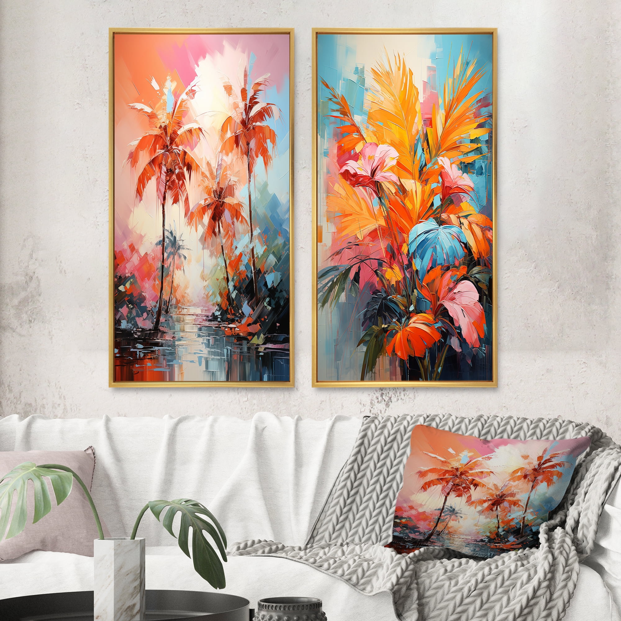 Large Abstract Orange and Pink Canvas Wall Art Set with Gold Frame