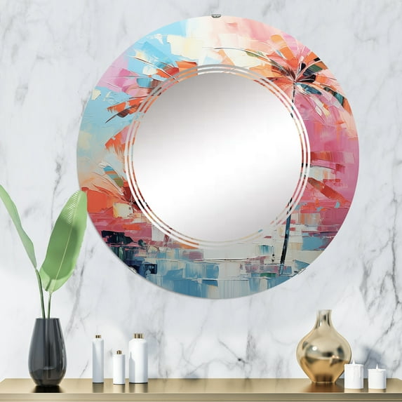 Designart "Orange Pink Palm Trees modern III" Floral Round Wall Mirror - Traditional Oval Printed Decorative Oversized Mirror - Multiple Color Options