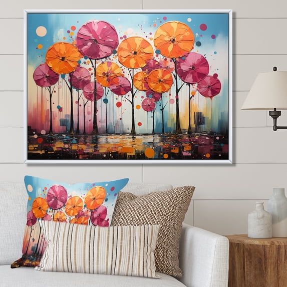 Designart "Orange Pink Palm Trees modern IV" Palm Trees Floater Framed Wall Decor