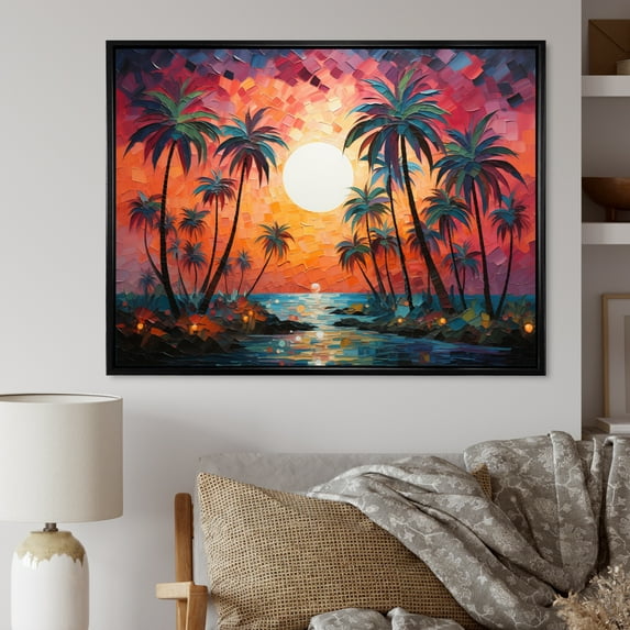 Designart "Orange Pink Palm Trees modern VI" Palm Trees Floater Framed Wall Art Print