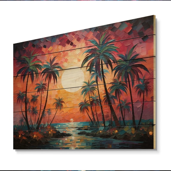 Designart "Orange Pink Palm Trees modern VI" Palm Trees Print on Natural Pine Wood