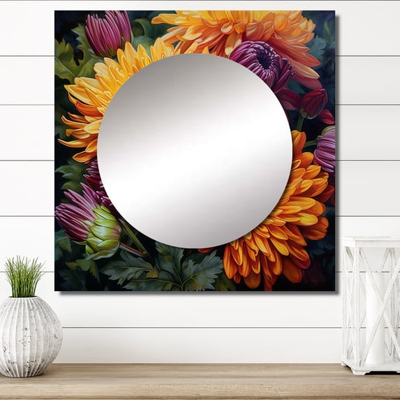 Designart "Orange Purple Mums In Bloom Bold Blossoms" Floral Square Mirror For Wall Decor - Large Orange Square Mirror Printed Wall Decor - Traditional Square Living Room Mirror