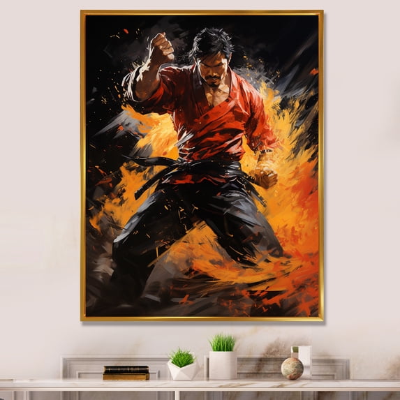 Designart "Orange Red Martial Art modern Impact" Portrait Floater Framed Wall Decor