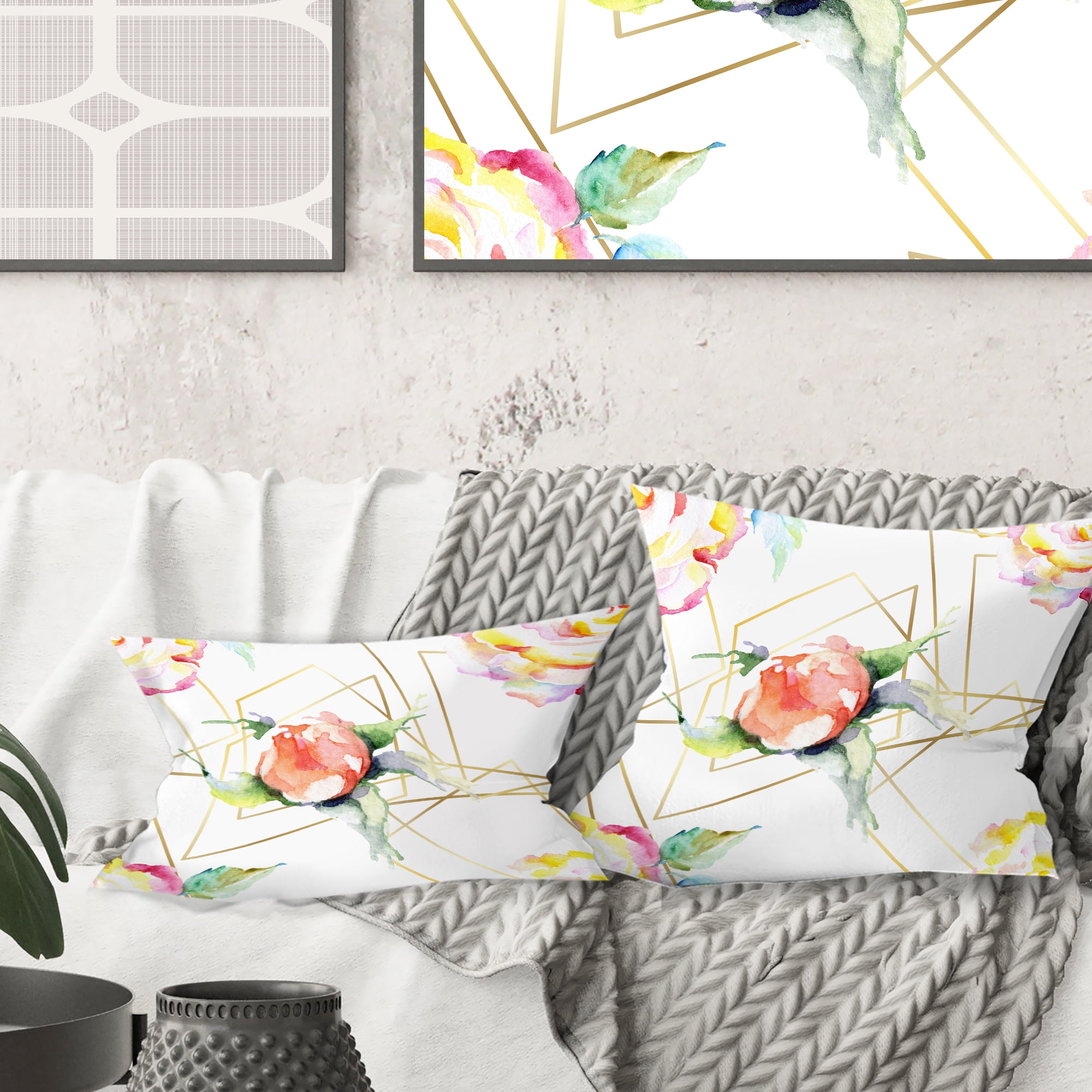 Designart Orange Rose Flower Retro Pattern' Mid-Century Modern Throw Pillow - 16x16