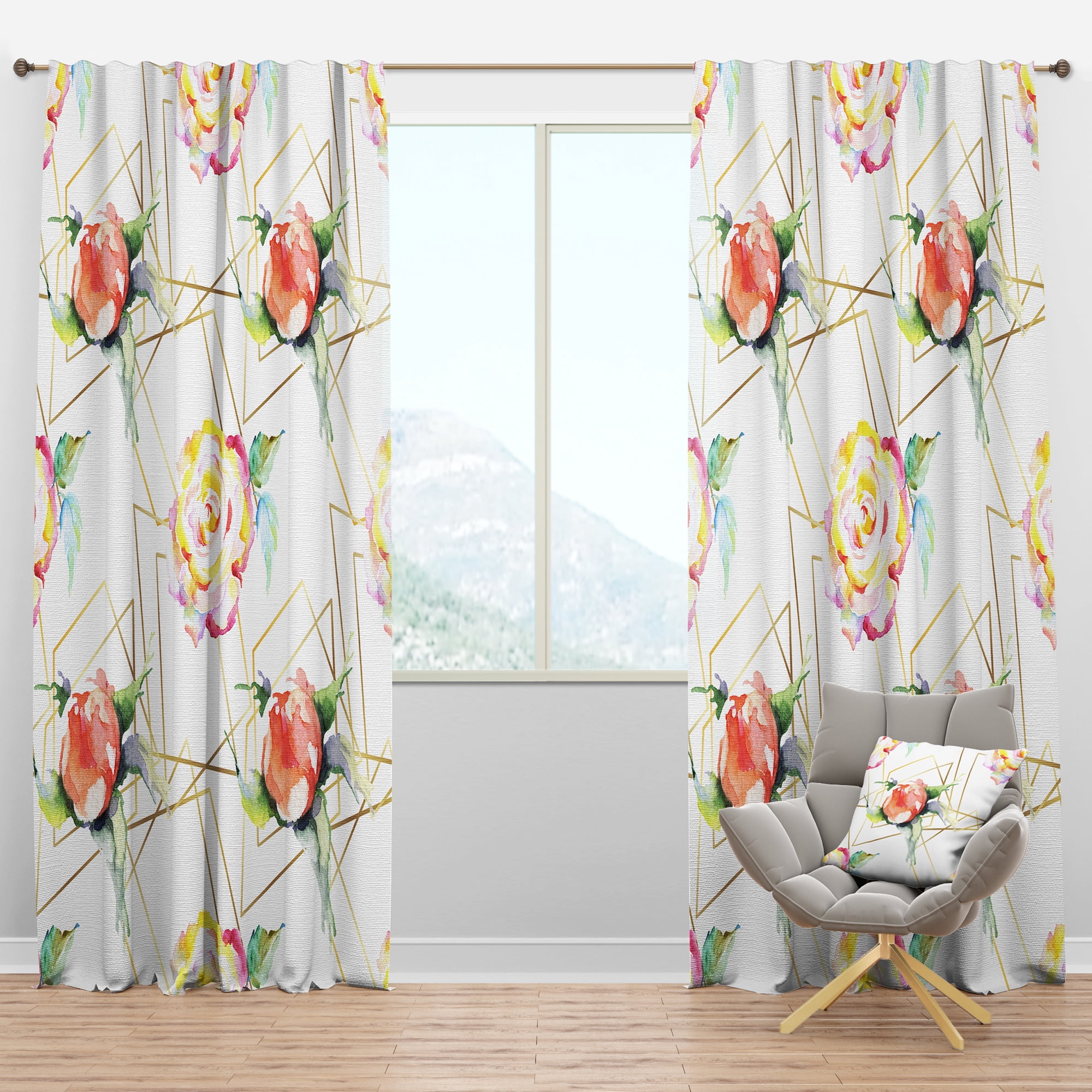 Designart 'Orange Rose Flower Retro Pattern on White' Mid-Century Modern Blackout Curtain Panel