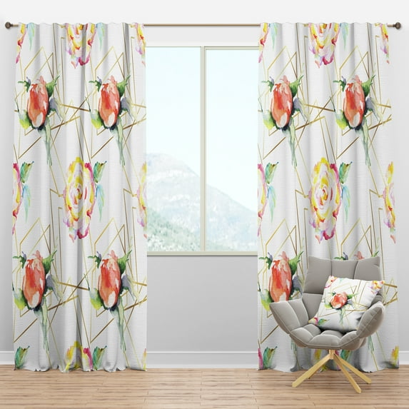 Designart 'Orange Rose Flower Retro Pattern on White' Mid-Century Modern Blackout Curtain Panel