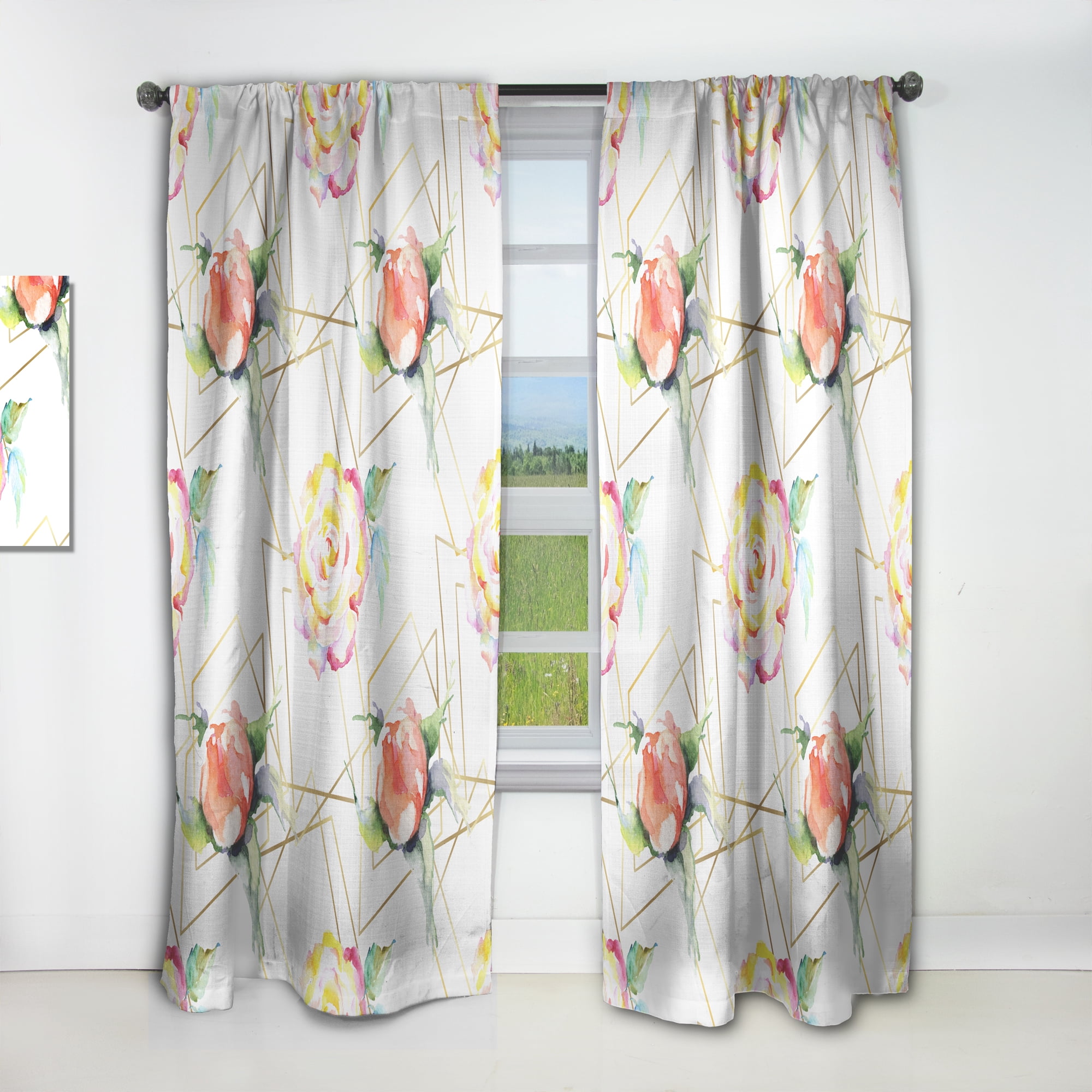 Designart 'Orange Rose Flower Retro Pattern on White' Mid-Century Modern Curtain Panel