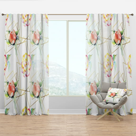 Designart 'Orange Rose Flower Retro Pattern on White' Mid-Century Modern Curtain Panel