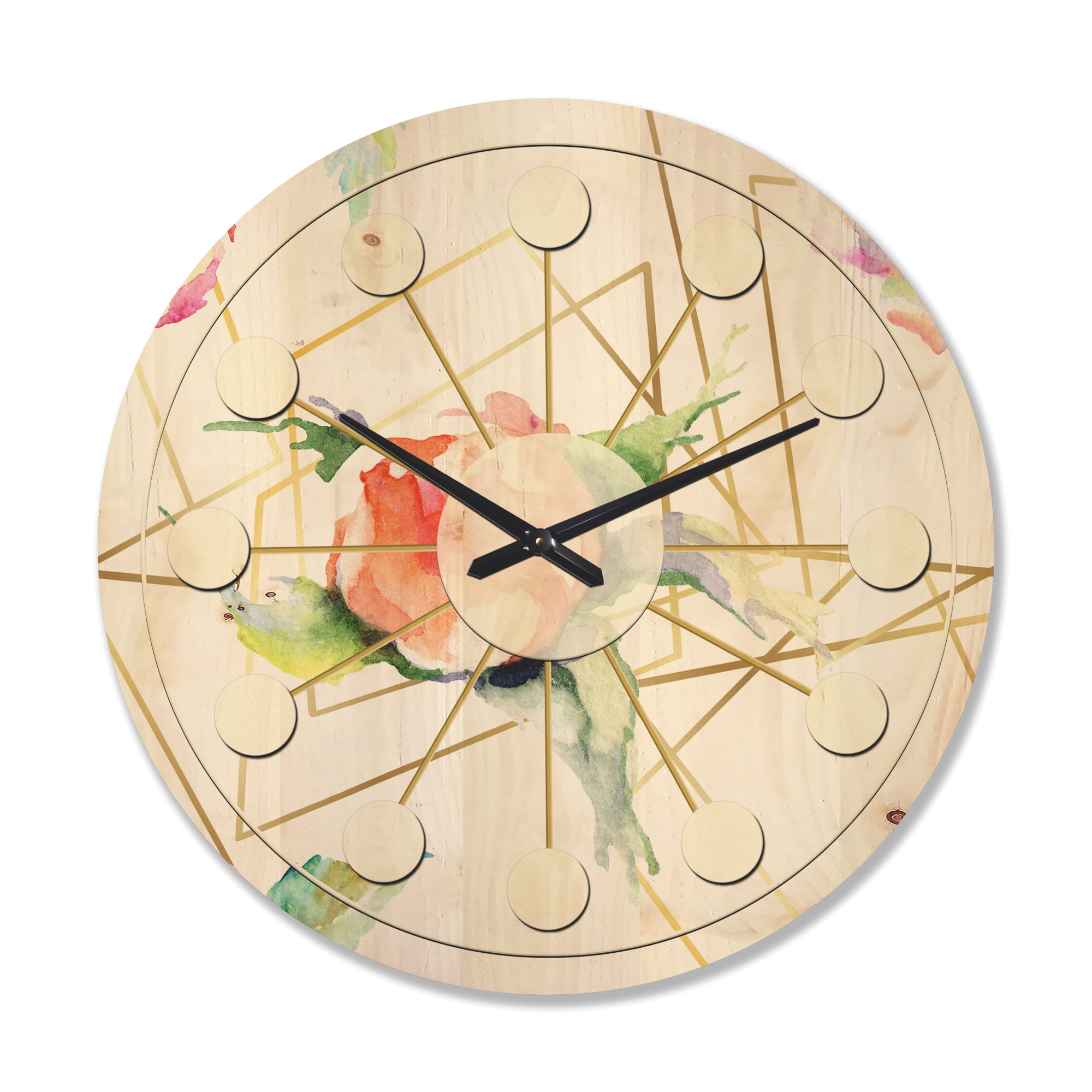 Designart 'Orange Rose Flower Retro Pattern on White' Mid-Century Modern Wood Wall Clock