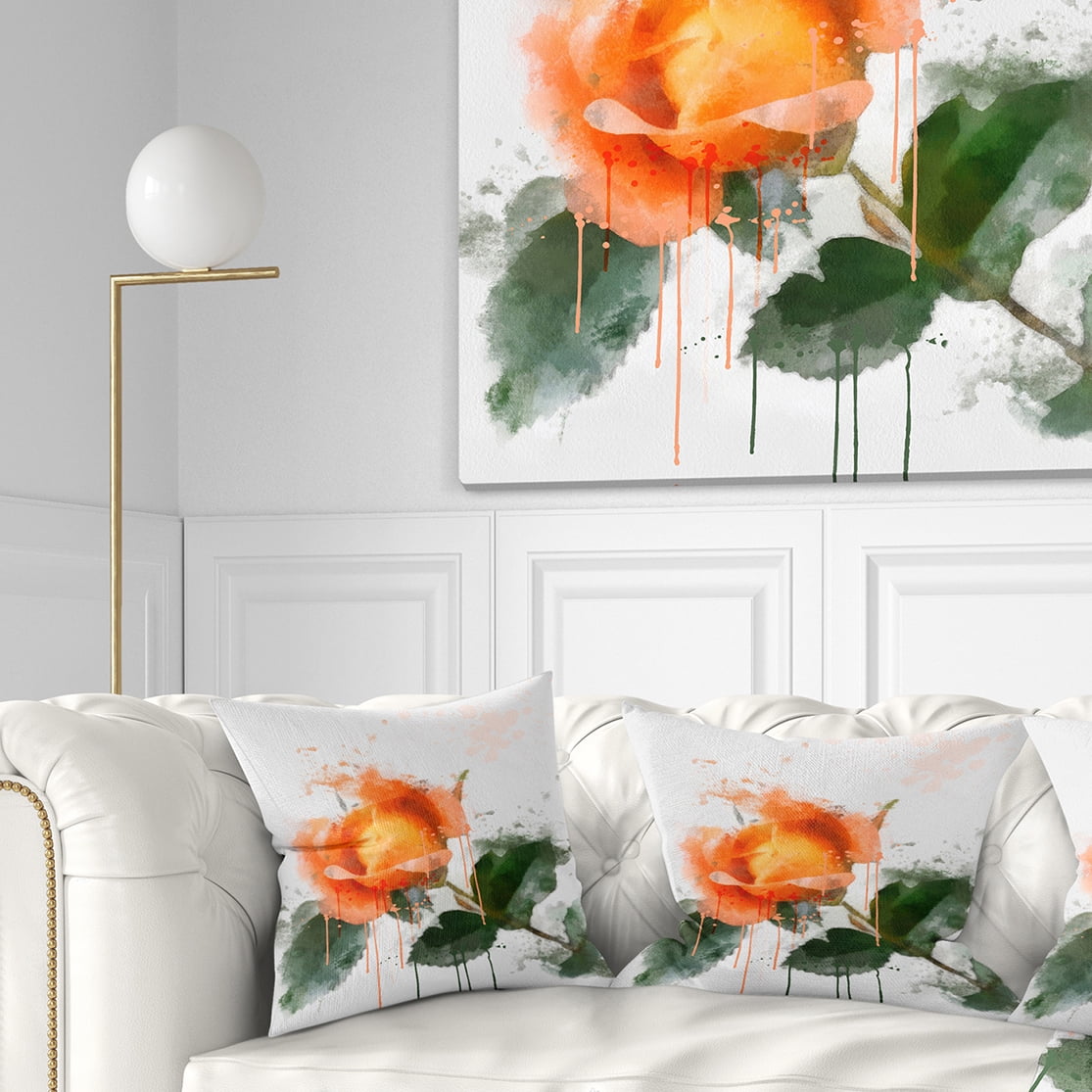 Designart Orange Rose Sketch Watercolor - Floral Throw Pillow - 16x16