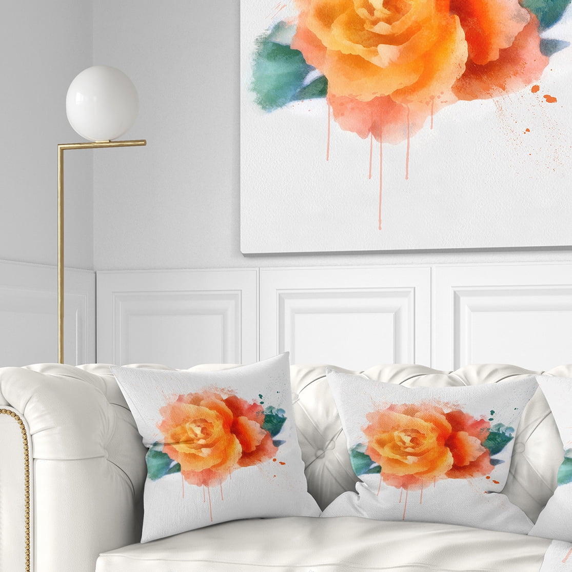 Designart Orange Rose with Green Leaves - Floral Throw Pillow - 16x16