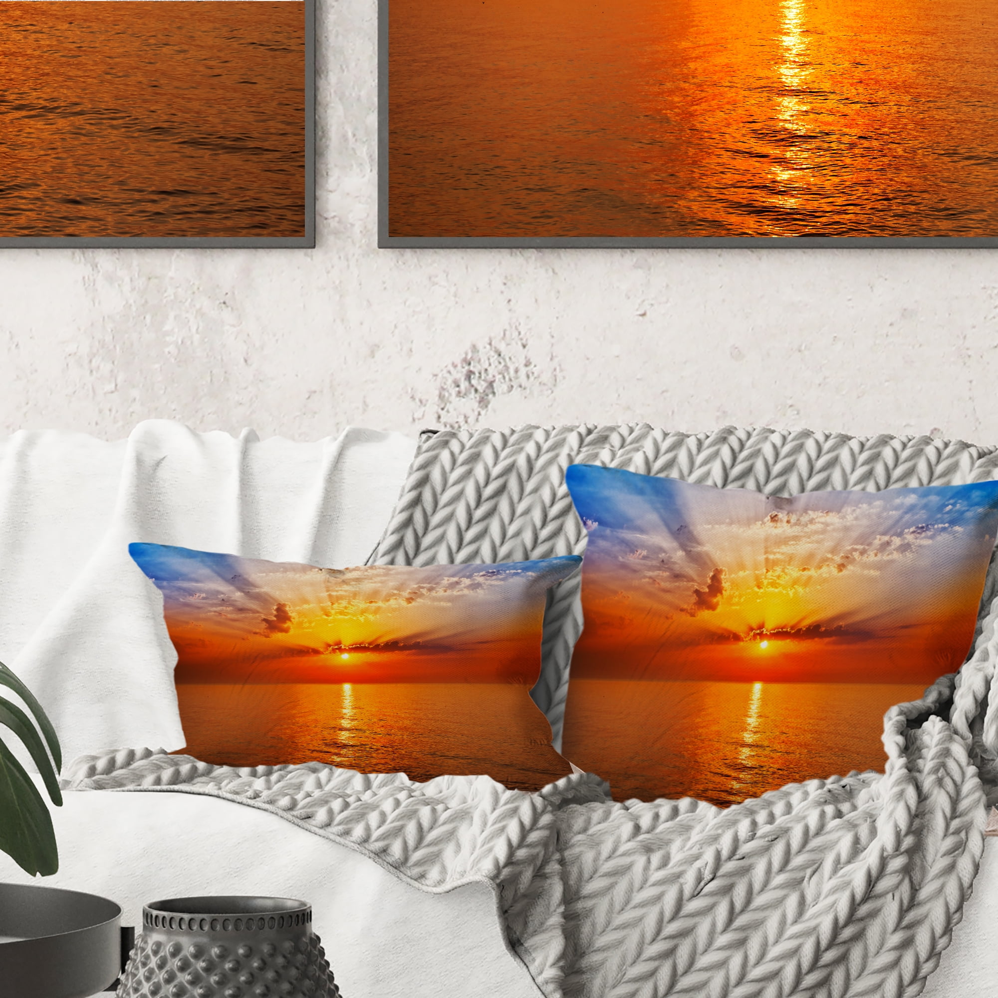 Designart Orange Sea Sunrise under Blue Sky - Seashore Throw Pillow - 18x18