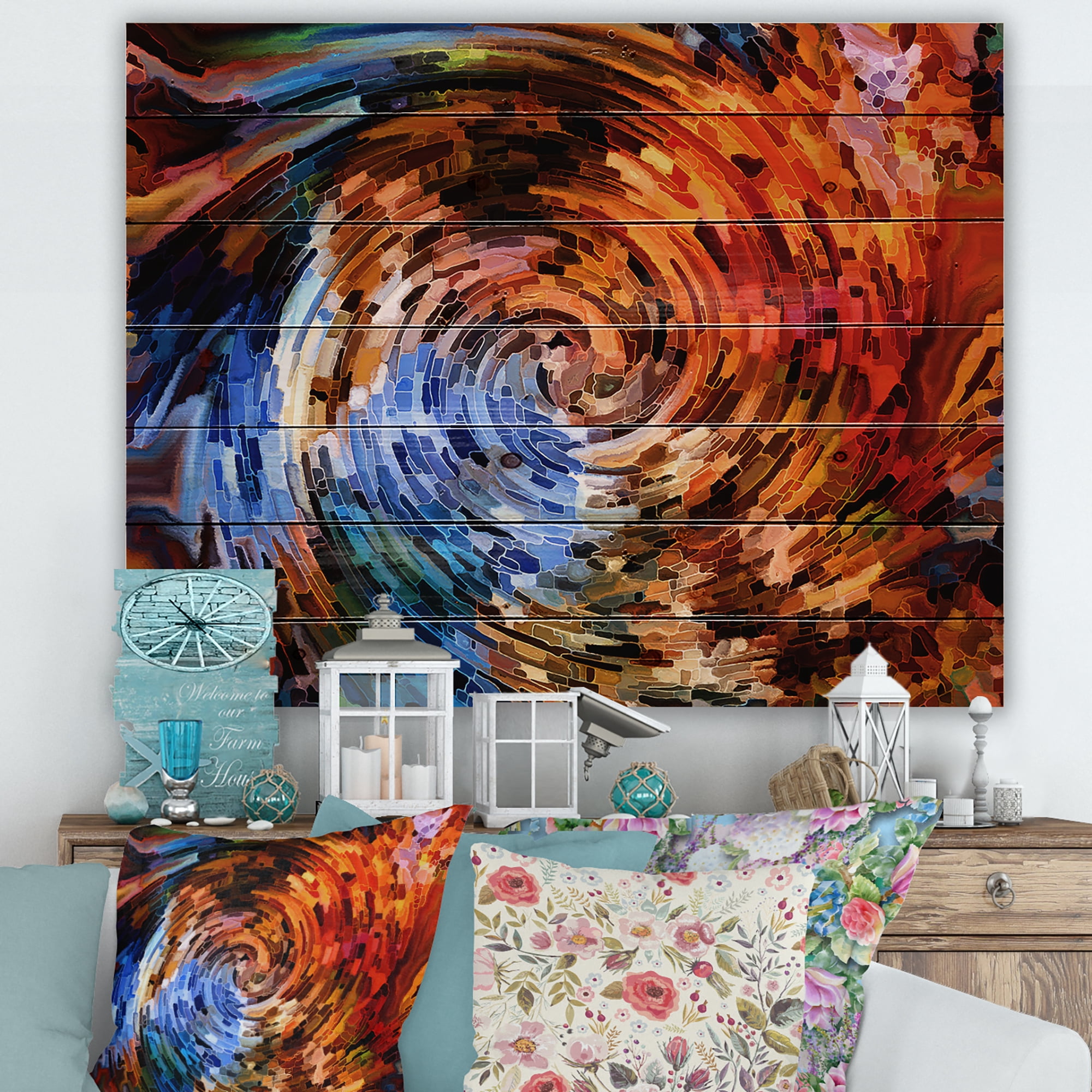 Designart 'Orange Spiral Abstract Voyages To Inner World' Modern Print on Natural Pine Wood