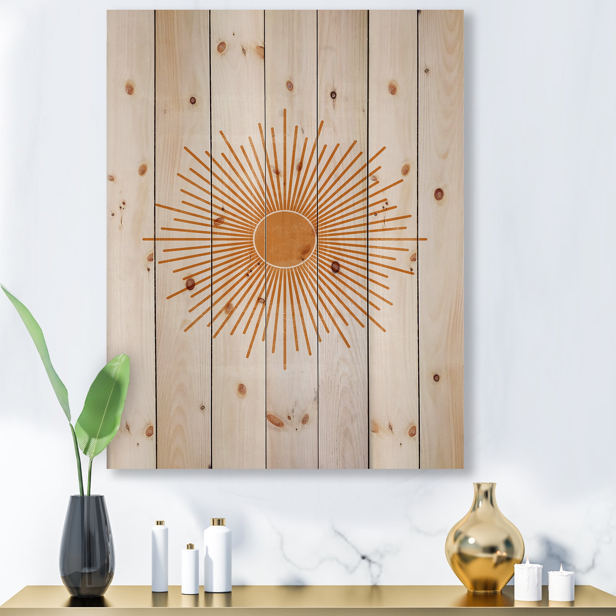Designart 'Orange Sun Print On Beige II' Modern Print on Natural Pine Wood