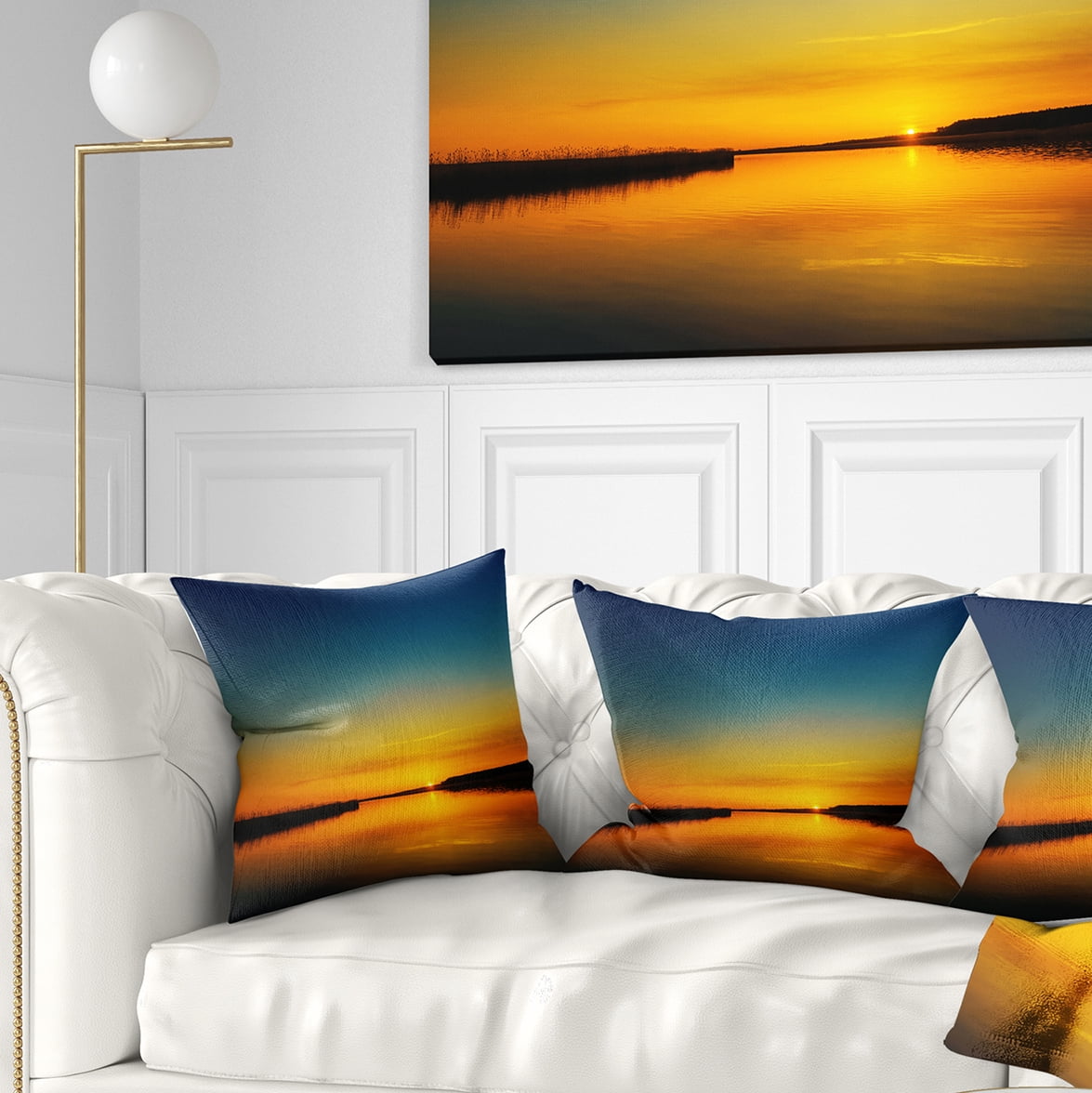 Designart Orange Sunset Over River - Skyline Photography Throw Pillow - 18x18