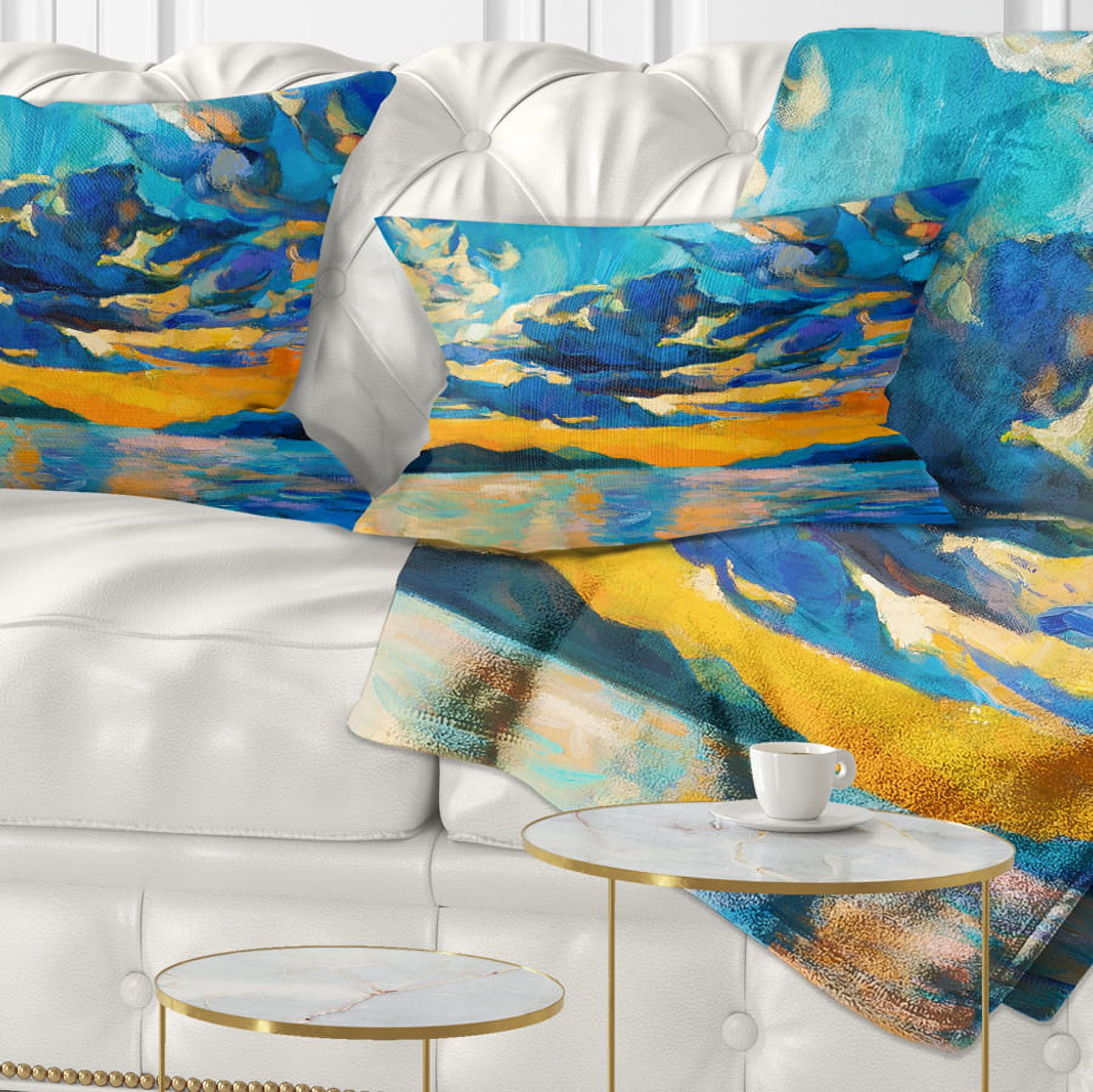 Designart Orange Sunset with Blue Sky - Modern Painting Throw Pillow - 12x20
