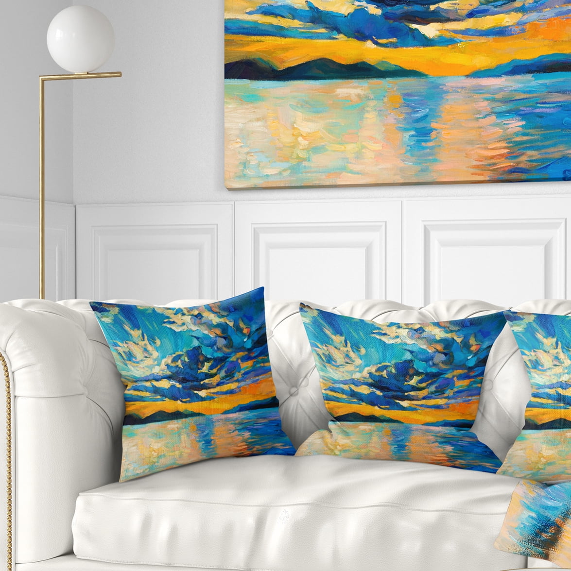 Designart Orange Sunset with Blue Sky - Modern Painting Throw Pillow - 16x16