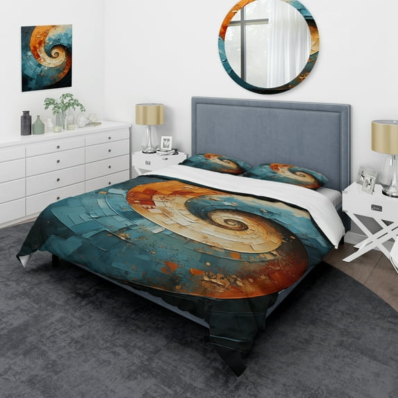 Designart "Orange Teal Abstract VORTEXs I" Abstract Bedding Covert Set - Abstract Spirals Orange Modern Bed Set With 2 Shams