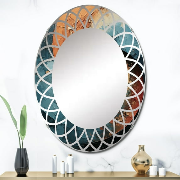 Designart "Orange Teal Abstract VORTEXs I" Abstract Round Wall Mirror - Modern Oval Printed Decorative Oversized Mirror - Multiple Color Options