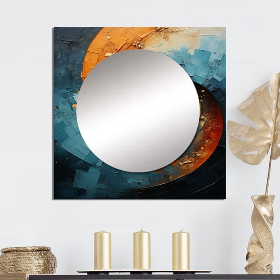 Designart "Orange Teal Abstract VORTEXs I" Abstract Square Mirror For Wall Decor - Large Orange Square Mirror Printed Wall Decor - Transitional Square Living Room Mirror