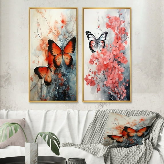 Designart "Orange Teal Butterfly Euphony Of Wings" Butterfly Framed Wall Art Set Of 2 - Orange Animals Frame Gallery Set For Office Decor