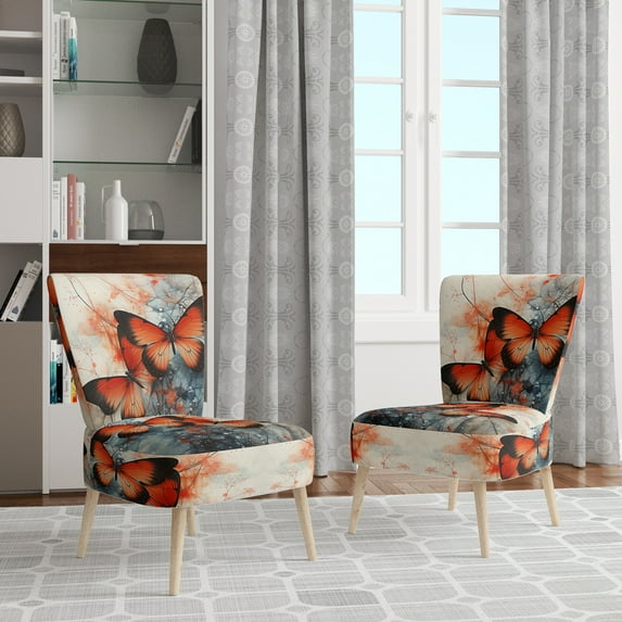 Designart "Orange Teal Butterfly Euphony Of Wings" Orange Animals Upholstered Accent Chair - Modern Arm Chair For Bedroom