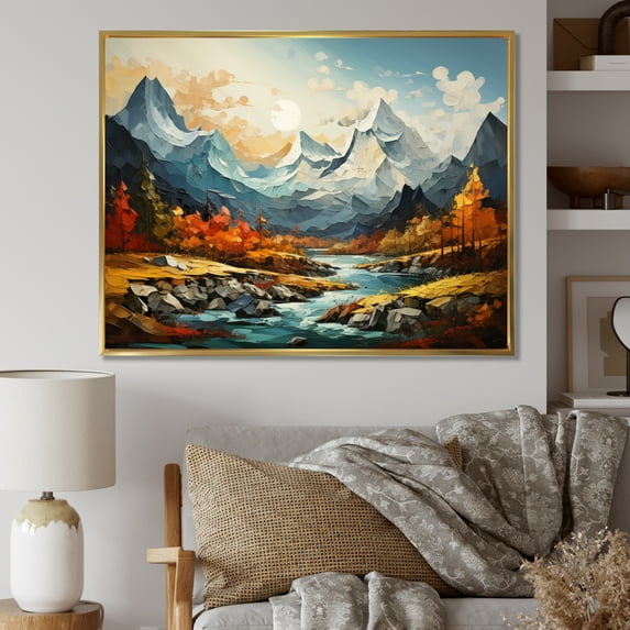Designart "Orange Teal Mountains Majestic Peaks composition III" Landscapes Floater Framed Canvas Art Print