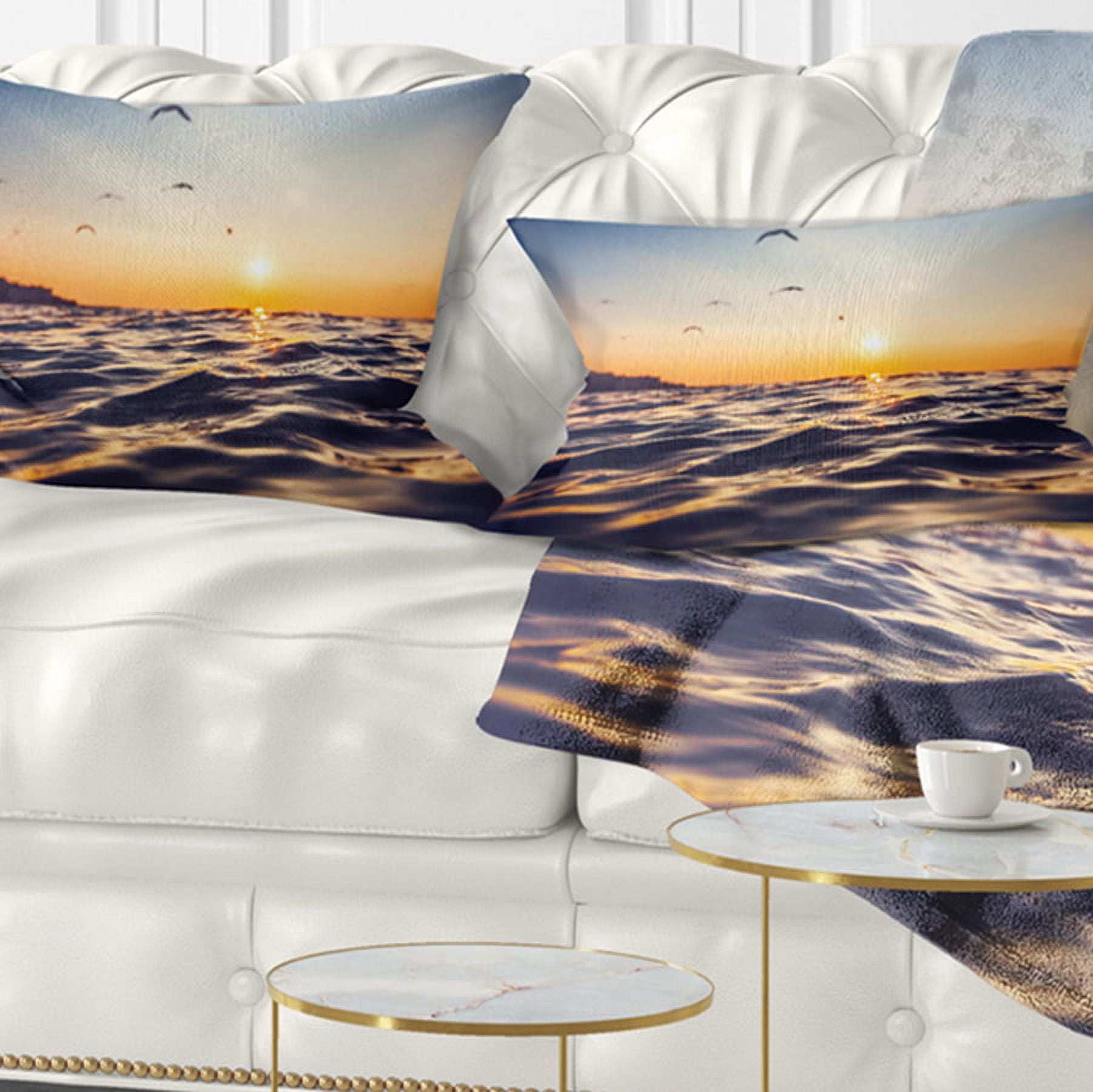 Designart Orange Tinged Sea Waters at Sunrise - Beach Photo Throw Pillow - 12x20