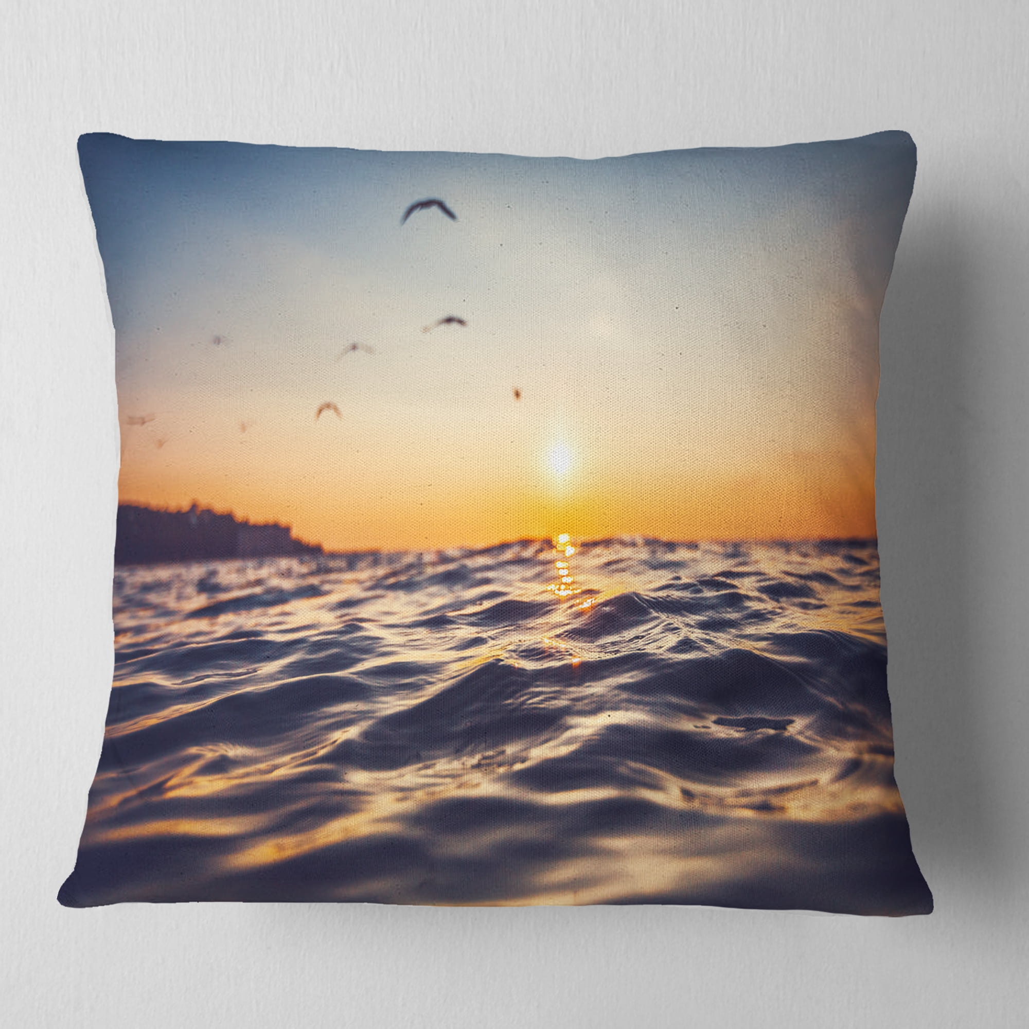 Designart Orange Tinged Sea Waters at Sunrise - Beach Photo Throw Pillow - 16x16