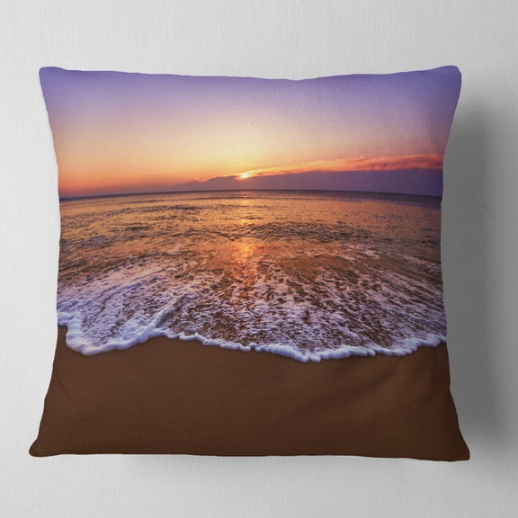 Designart Orange Tinged Sea Waters at Sunset - Beach Photo Throw Pillow - 16x16