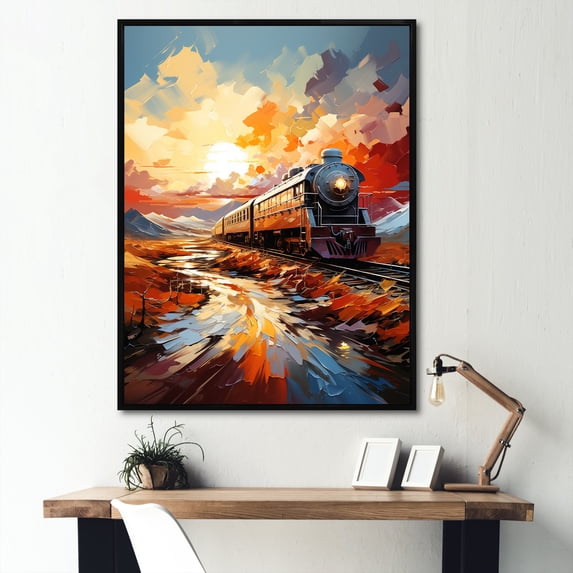 Designart "Orange Train Sublime Horizon" Modern Floater Framed Wall Art Print