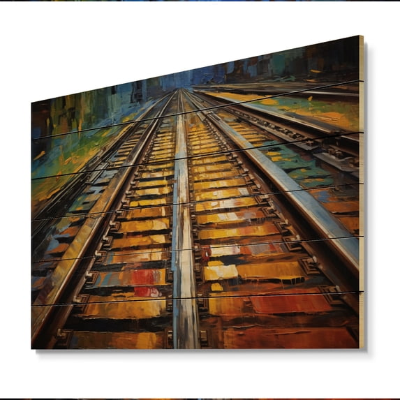 Designart "Orange Train Track Rails" Transportation Print on Natural Pine Wood