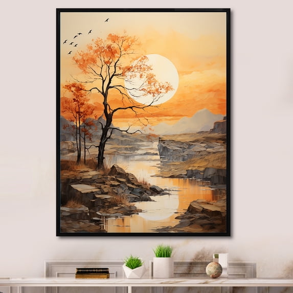 Designart "Orange Tree Moon form Landscape II" Floral Floater Framed Canvas Art Print