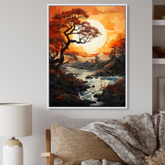 Designart "Orange Tree Moon form Landscape III" Floral Floater Framed Canvas Print