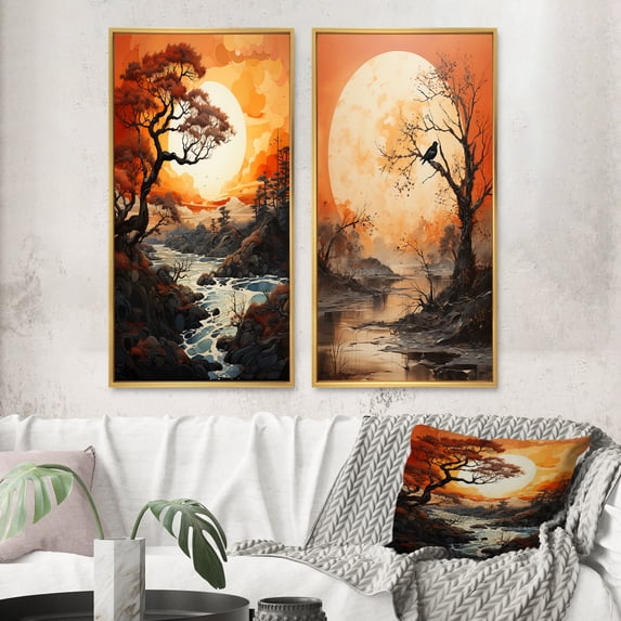 Designart "Orange Tree Moon form Landscape III" Tree Monochrome Framed Wall Art Set Of 2 - Orange Floral Frame Gallery Set For Office Decor