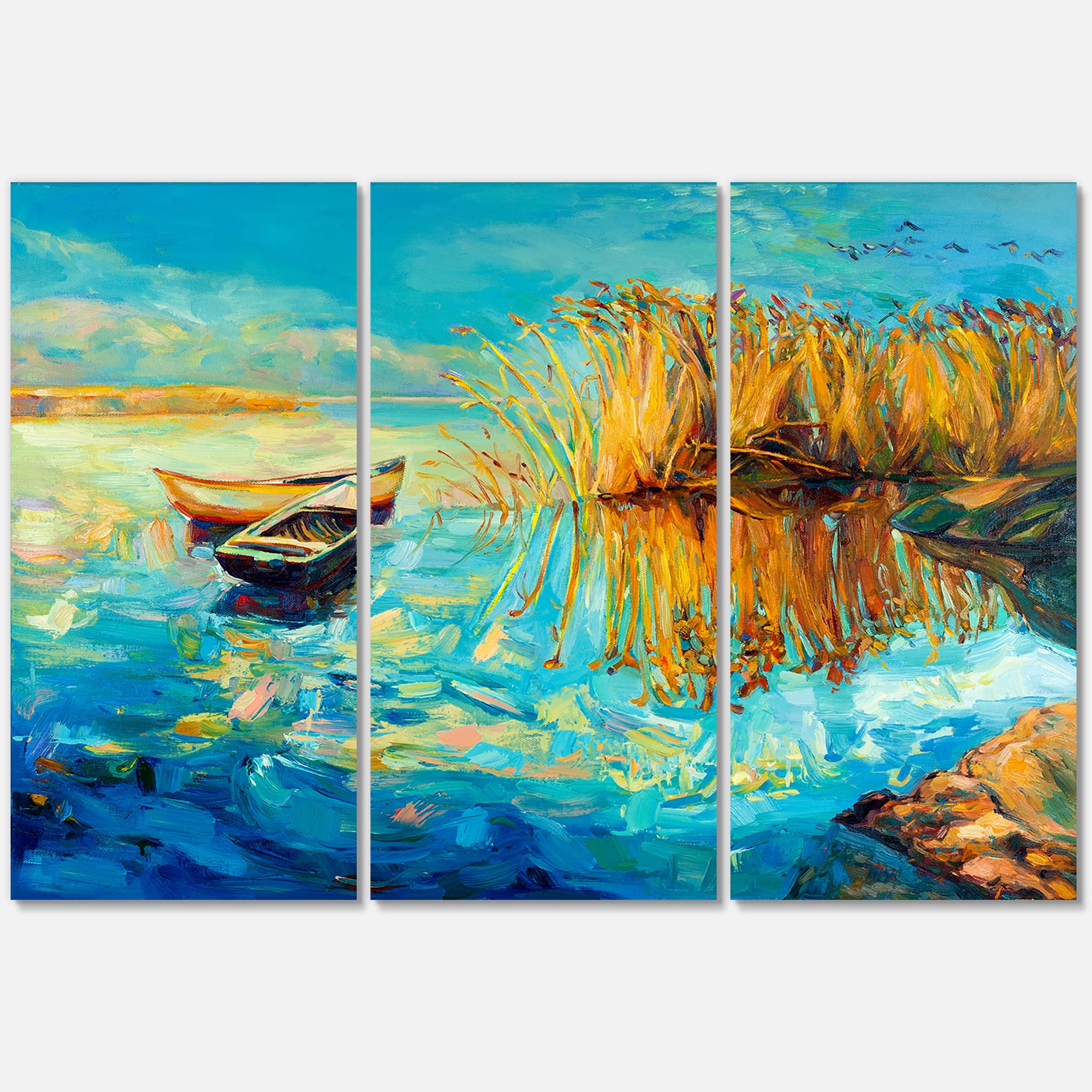 Designart ' Orange Trees With Turquoise Lake During Sunset ' Nautical & Coastal Canvas Wall Art Print
