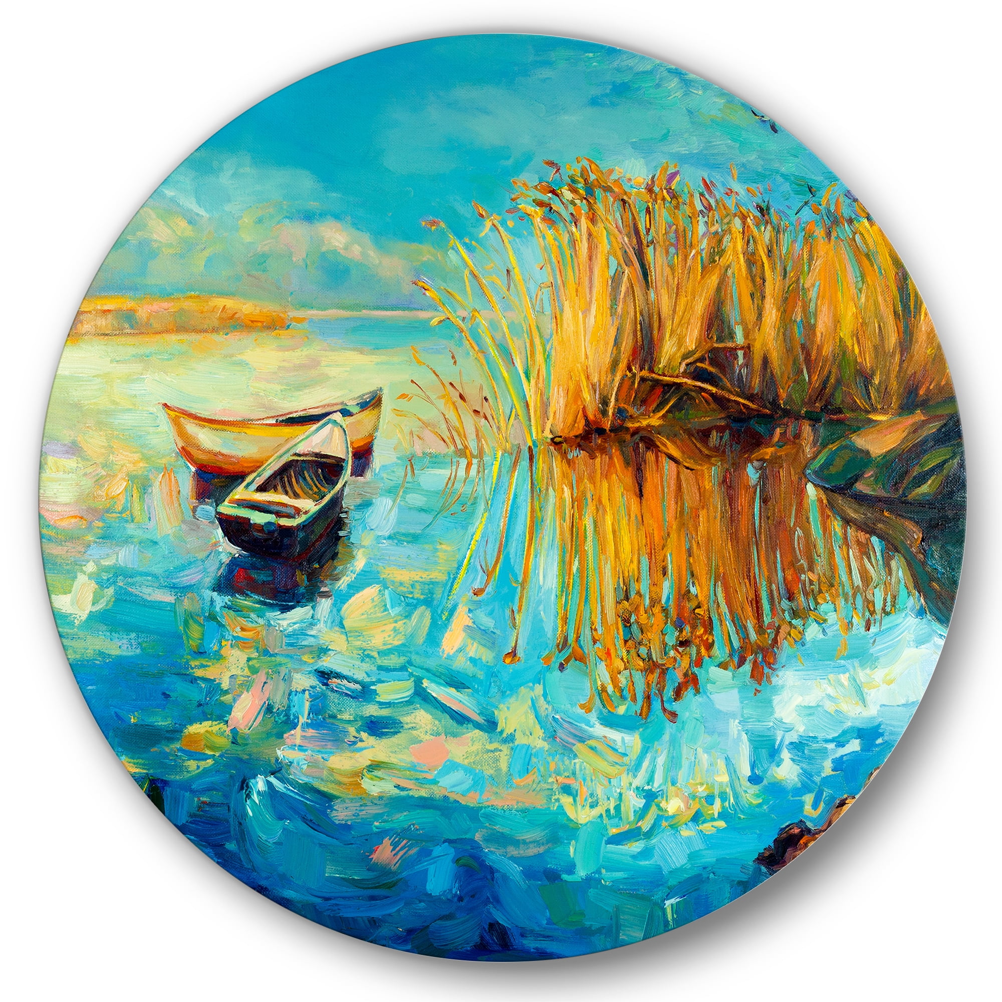 Designart 'Orange Trees With Turquoise Lake During Sunset' Nautical & Coastal Circle Metal Wall Art 29x29 - Disc of 29